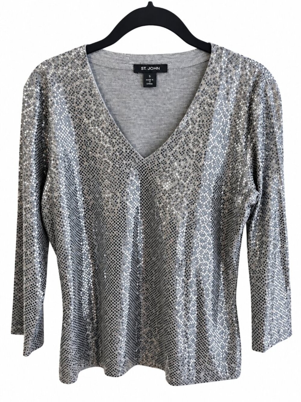 St. John Silver Sequin V Neck Top 3/4 Sleeve Size Small